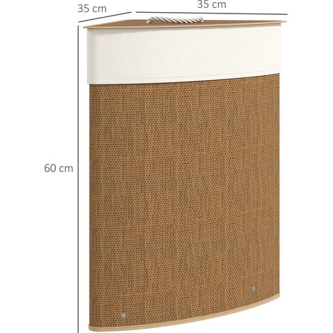 Panier à linge d'angle en bambou tressé, 55 litres, sac en tissu, structure métallique, marron (1/5)