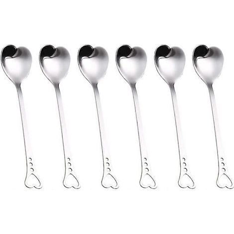 Lot de 6 cuillères en acier inoxydable en forme de cœur, mignonnes et pratiques pour mélanger les desserts, gâteaux et cafés. (1/4)