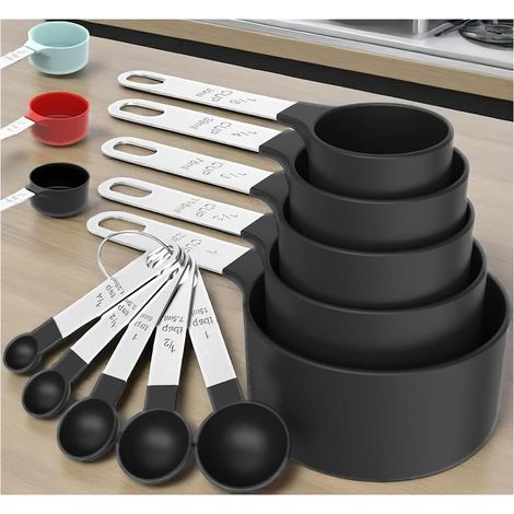 Set mit 10 Messbechern und -löffeln, stapelbare Messbecher und -löffel mit Edelstahlgriffen, Küchenhelfer zum Kochen und Backen (schwarz) (1/5)