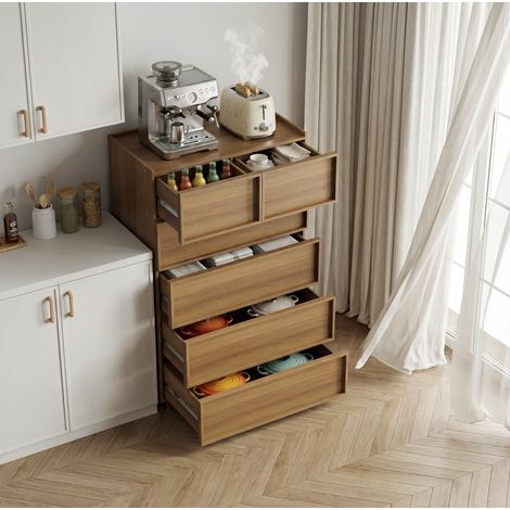 Comò 80x48x127 cm rovere in MDF e truciolare con 6 cassetti e guide metalliche (1/5)