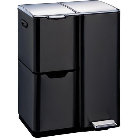Poubelle de cuisine à pédale tri sélectif recyclage 60L(13+17+30L) en acier Inox Noir avec seau (1/5)