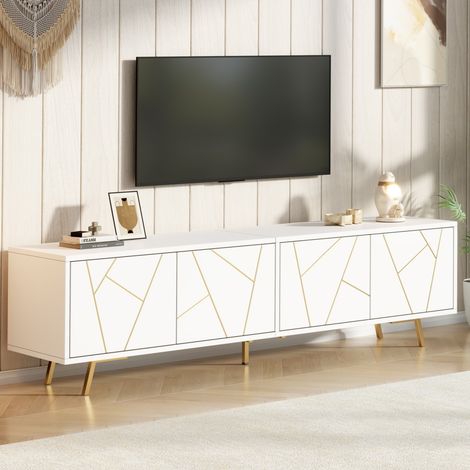 Meuble TV salon 190x40x51,5 cm blanc doré, 4 portes, 5 pieds métal, plateau bas, pour TV jusqu’à 85 pouces - Blanc (1/5)