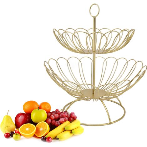Corbeille à fruits minimaliste et moderne de style nordique, idéale pour un mariage, une cuisine ou un salon. Corbeille à fruits géométrique dorée à deux niveaux, amovible et créative, en fer forgé. (1/5)