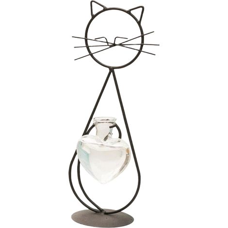 Vase Terrarium Plante - Support Métallique - Pour Hydroculture - Forme Chat - 12 x 28,5 cm - Noir (1/5)