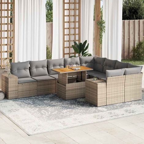 vidaXL Salon de jardin avec coussins 10pcs beige résine tressée acacia (1/5)
