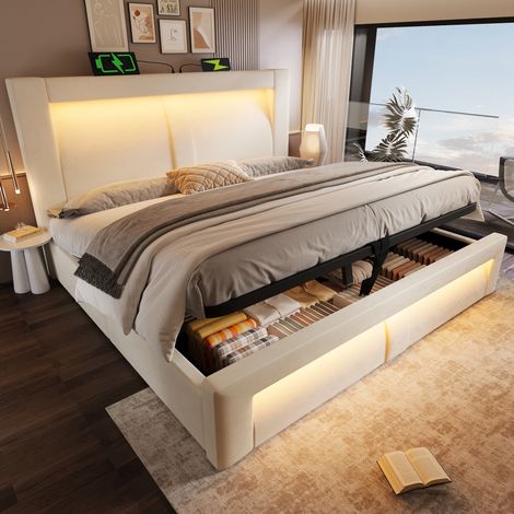 Lit coffre 140x200 cm en velours beige avec LED, ports USB et Type-C, sommier à lattes inclus (1/5)