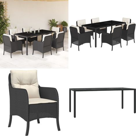 7-tlg. Garten-Essgruppe mit Kissen Schwarz Poly Rattan - Gartengestell - Gartenmöbel Set - Outdoor Möbel - Terrassenmöbel - Gartentisch - Home & Living (1/5)