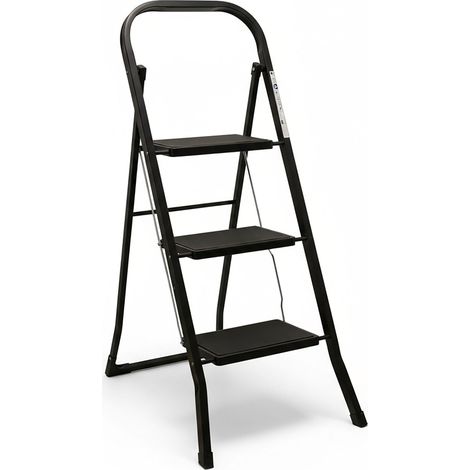 Stahl Trittleiter 3-stufig klappbar belastbar bis 150 kg - 105 x 73 cm - Antirutsch Klappleiter schwarz mit 3 Stufen und Klappsicherung