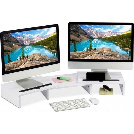 Soporte para monitor Relaxdays, 2 monitores, segmentos ajustables, anchura 74-105 cm, elevación ergonómica, blanco