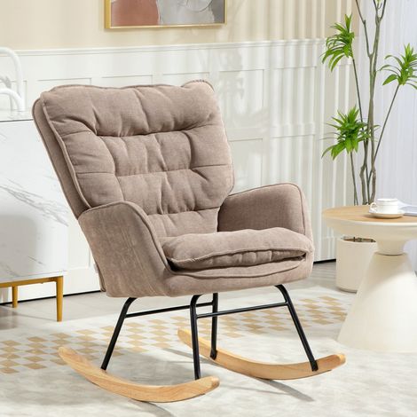 Fauteuil à bascule marron en tissu chenille, fauteuil rocking chair avec accoudoirs, fauteuil relax rembourré, dossier ergonomique, patins en bois, charge 120 kg (1/5)