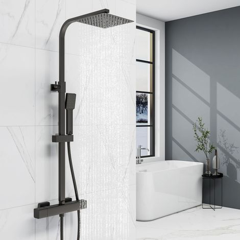 AICA Modern Bathroom Thermostatic Mixer Shower Set Square Matte Black Twin Head Exposed Valve (1/5)