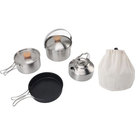 Batterie de cuisine de camping en acier inoxydable, casserole, bouilloire, kit portable et léger, cuisine en plein air pour voyage, randonnée, pique-nique (1/5)