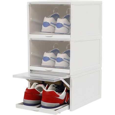 Schuhboxen,3 Set Organizer Boxen mit Deckel, Kunststoff Weiße Schuhkarton Faltbar, für Eine Vielzahl von Schuhen, PP Kunststoff(Grau)
