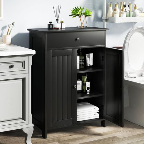 Goplus – Meuble bas de salle de bain noir – Armoire de rangement 60 x 30 x 80 cm – 1 tiroir, 2 portes, étagère réglable – Dispositif anti-basculement (1/5)
