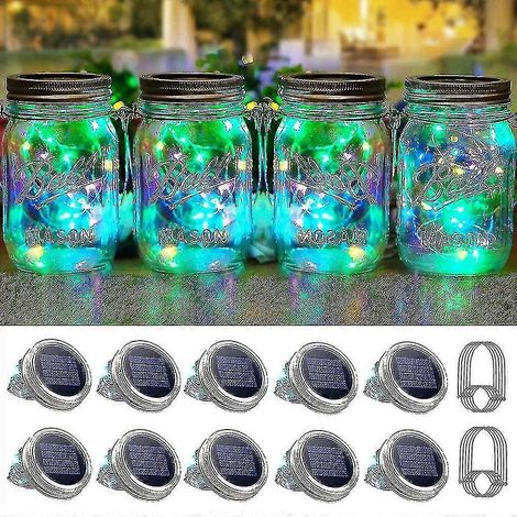 Lot de 10 lampes solaires LED pour couvercles de bocaux Mason avec crochet pour jardin féerique ou terrasse [bocal non inclus]-AquaForge (1/5)