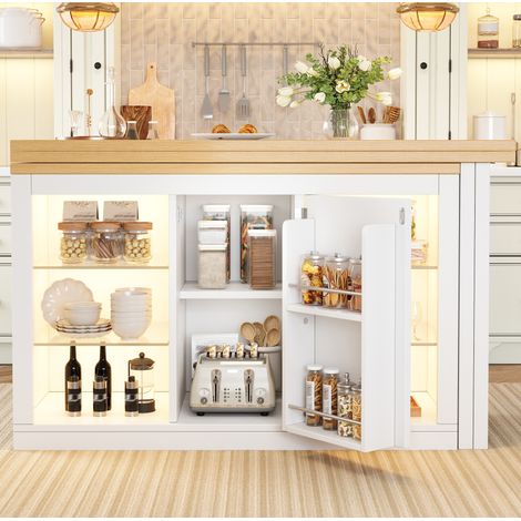 Îlot de cuisine extensible 197x40x72 cm en MDF blanc, avec rangement pour cuisine FloraGrace (1/5)