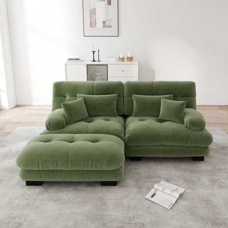 Canapé coin nuage vert chenille double avec coussins lombaires et décoratifs,larges accoudoirs et ottoman pour salon. (1/5)