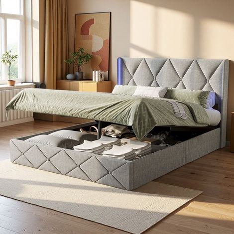 Cama Doble 140x200 - Cofre Hidráulico - LED RGB - Máximo Almacenamiento - Diseño Techno-Luxe Gris Helado