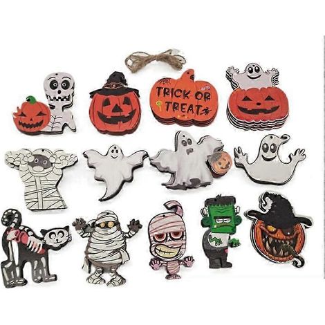 13-teiliges Halloween-Hängeornament aus Holz mit Seil, Cartoon-Skelett-Kürbis-Geist-Mumien-Anhänger, DIY-Bastelarbeiten, Dekoration für Feiertage und Partys (1/5)
