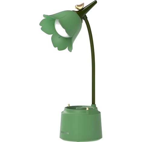 LED-Schreibtischlampe für Kinder, wiederaufladbare Tischlampe mit Blumenvogel-Motiv, Leselampe mit einstellbarem Licht und Berührungssensor, Schlafzimmer-Dekorlampe (grün)