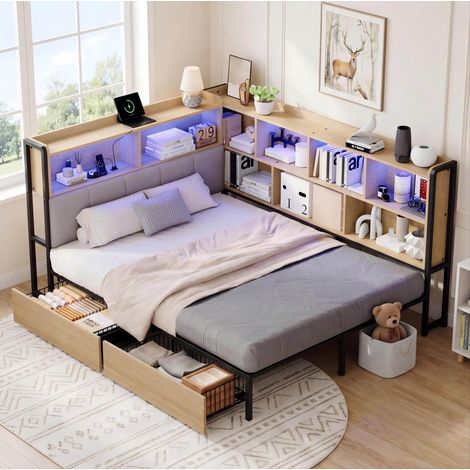 lit adulte rangement 140x200 LED tete lit MDF metal gris OKMYHOME (1/5)