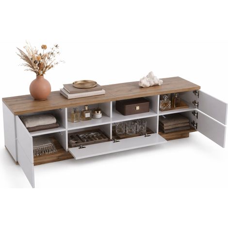 Meuble TV blanc et bois 180 cm, design graphique à 5 portes avec 2 niches ouvertes, MDF robuste, style moderne gain de place pour salon  CHICFURN (1/5)