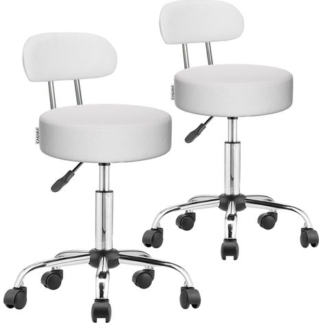Adjustable Swivel Stool Portable Work Roller Chair on Wheels with Backrest Easy Care Synthetic Leather Chrome Base White or Black 2er Set Weiß (de)