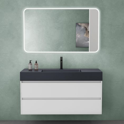 Mai & Mai Mobile Bagno Sospeso 120x48x63cm, Set di Arredo Bagno Bianco Opaco, Mobile Sottolavabo con Cassetto Soft-Close, Mobile da bagno con Lavabo Antracite 120cm e Specchio LED (1/5)