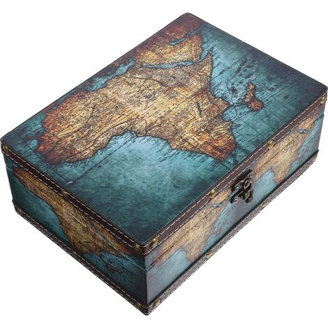 Boite A Bijoux Vintage en Bois Bleu Motif Carte Rétro, Petite Boîte de Rangement Décorative et Boîte de Rangement pour Souvenirs Polyvalente Couvercle (1/5)