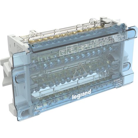 Répartiteur modulaire monobloc tétrapolaire à bornes 125A 17 connexions par barreau 10 modules (400410/4876) (1/2)
