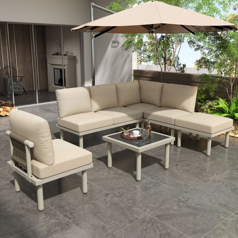 Salon de jardin modulable en acier galvanisé - adapté pour 6 personnes - décoré de corde - Beige