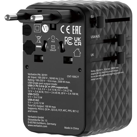 VERBATIM CHARGE N TRAVEL 100W UNIVERSAL TRAVEL ADAPTER WITH RETRACTABLE CABLE BLACK