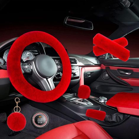 ensemble de 8 housses de volant moelleuses, housses de volant chaudes et douces pour femmes/filles, accessoires de voiture universels de 15 pouces pour filles (rouge) (1/5)