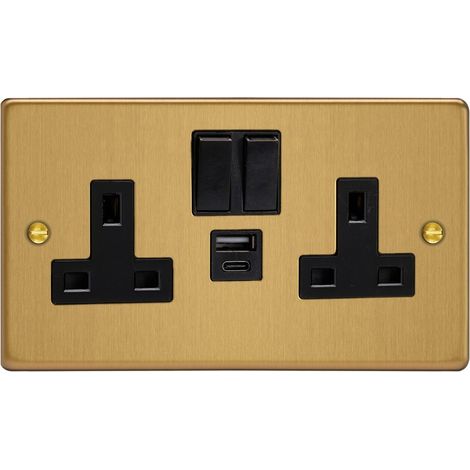 Varilight 2-Gang Brushed Brass Switched Double Socket with 20W Shared USB-A and USB-C Charging Ports