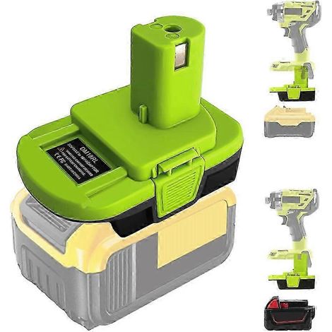 Adaptateur/convertisseur de batterie DM18RL compatible avec les batteries lithium Dewalt 20 V et Milwaukee 18 V M18. Convertit les batteries compatibles des outils électriques Ryobi LX. WHBYV (1/4)