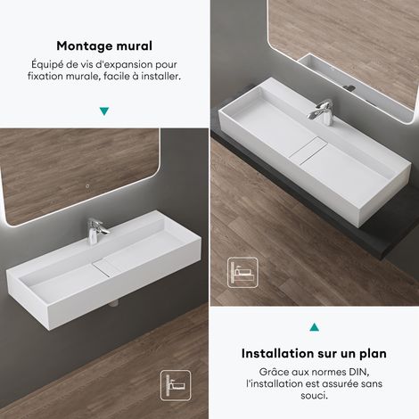 doporro Vasque à Poser Blanc Mat Lavabo de Salle de Bains Suspendu 120x40x14cm Lave Mains avec Bonde et Cache Bonde Colossum6028