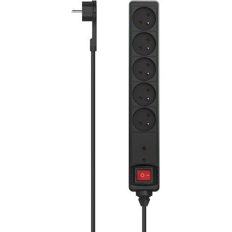Multiprise Parasurtenseur avec Interrupteur Lumineux Bloc 5 Prises 16A, Rallonge 1.5m, Prise Multiple économie d'énergie, Prises 45°, Prise Male Plate, 3680W, Cable H05VV-F3G1.5 Noir