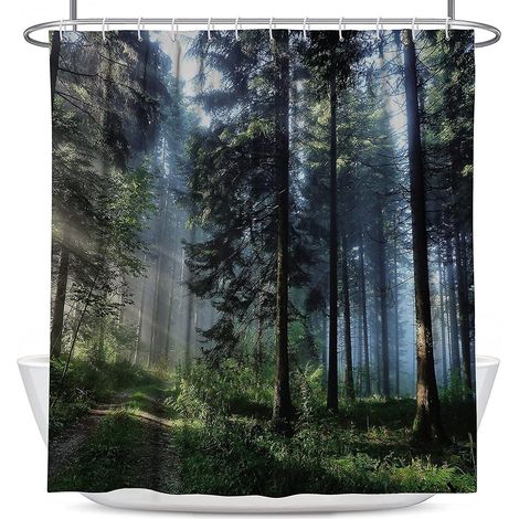 Rideau de douche Forêt, paysage naturel, pinède ensoleillée, accessoires de salle de bain, décoration, 152 x 183 cm, polyester imperméable, 12 crochets (1/4)