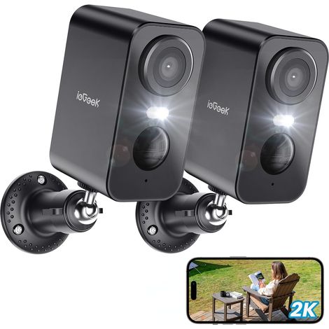 2 caméras Wi-Fi extérieures sans fil 2 K, caméra de surveillance interne WiFi batterie avec vision nocturne à couleurs, détection de mouvement PIR, phare et alarme, 2 voies audio, SD/Cloud (1/5)