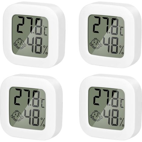 Paquete de 4 mini termómetros higrómetros para interiores, monitor de temperatura y humedad de alta precisión con icono de aire cómodo para cocina, habitación de bebé, invernadero, almacén y oficina. (1/5)