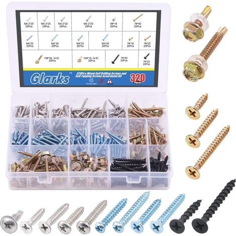 Assortiment de 320 vis auto-foreuses et auto-taraudeuses - 16 différents types de vis à bois, tôle et cloison sèche - Pour bois, tôle et cloison sèche (1/5)