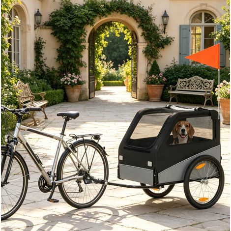 Remolque de bicicleta para perro con ruedas de 20", plegable, negro y gris DESVIAE (1/5)