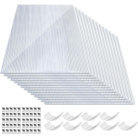 Randaco 28x Plaques de polycarbonate creux 4mm 121x60,5cm 100 clips vitrage serre de jardin 20,5m² résistant UV double paroi isolante alvéolaire