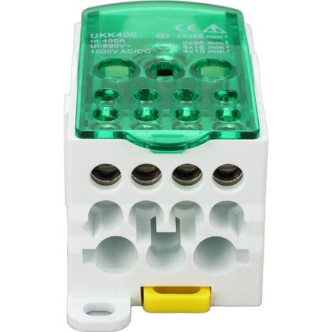 Boîtier de raccordement à barreaux DIN rail répartiteur universel 690V 400A vert PA66 ignifuge laiton 1x185mm² 2x35mm² 5x16mm² 4x10mm² (1/5)
