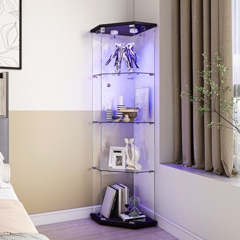 BLANKETSWARM - Vitrine en verre avec LED, Armoire vitrine pour collection, Vitrine de collection à serrure, Meuble vitrine verre moderne 4 étagères et porte pour salon, chambre ou bureau,Noir (1/5)
