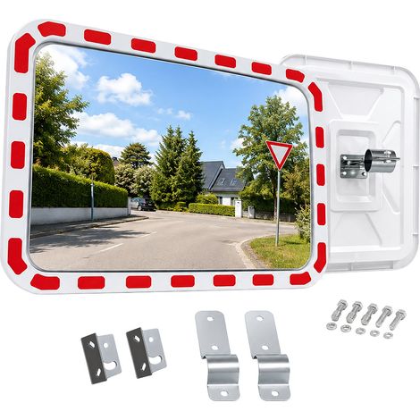 Relaxdays convex traffic mirror, 40 x 60 cm, mast bracket, reflective rim, outdoor, square safety mirror, white/red (1/5)