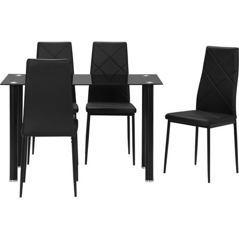 Esstisch mit 4 Stühlen, Glasplatte und gepolsterten Kunstledersitzen, Schwarz (1/5)