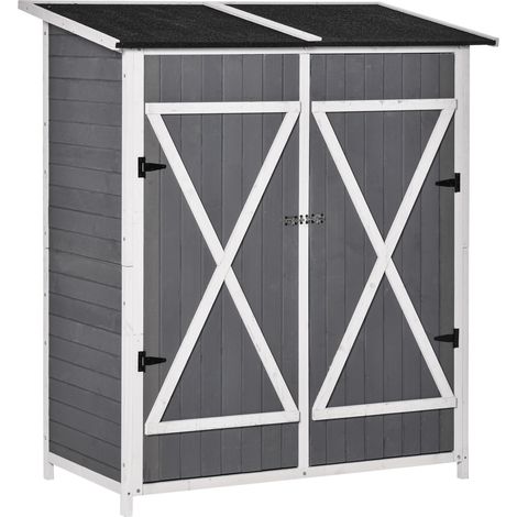 Armario de jardín de 2 puertas de madera gris y blanca con techo de betún 139 x 75 x 160 cm (1/5)