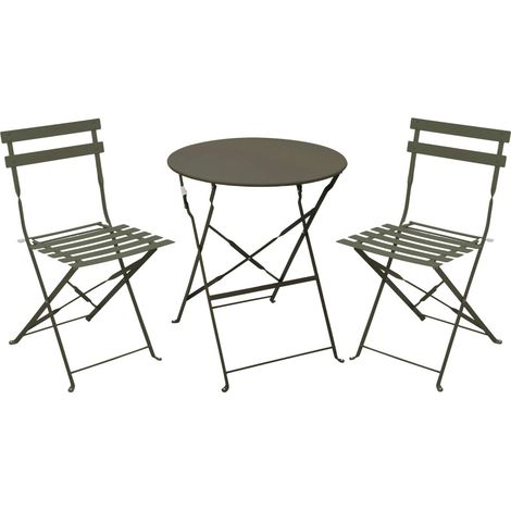Ensemble bistrot pliant métal 2 personnes - table ronde 60cm pliable 2 chaises salon de jardin terrasse balcon Marseille - Vert kaki