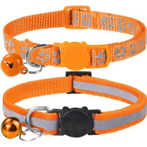 Collier Chat Anti Étranglement, 2 pcs Réglable Réfléchissant Collier pour Chat Chaton Chiot avec Clochette et Boucle de Sécurité, 19-32cm Orange